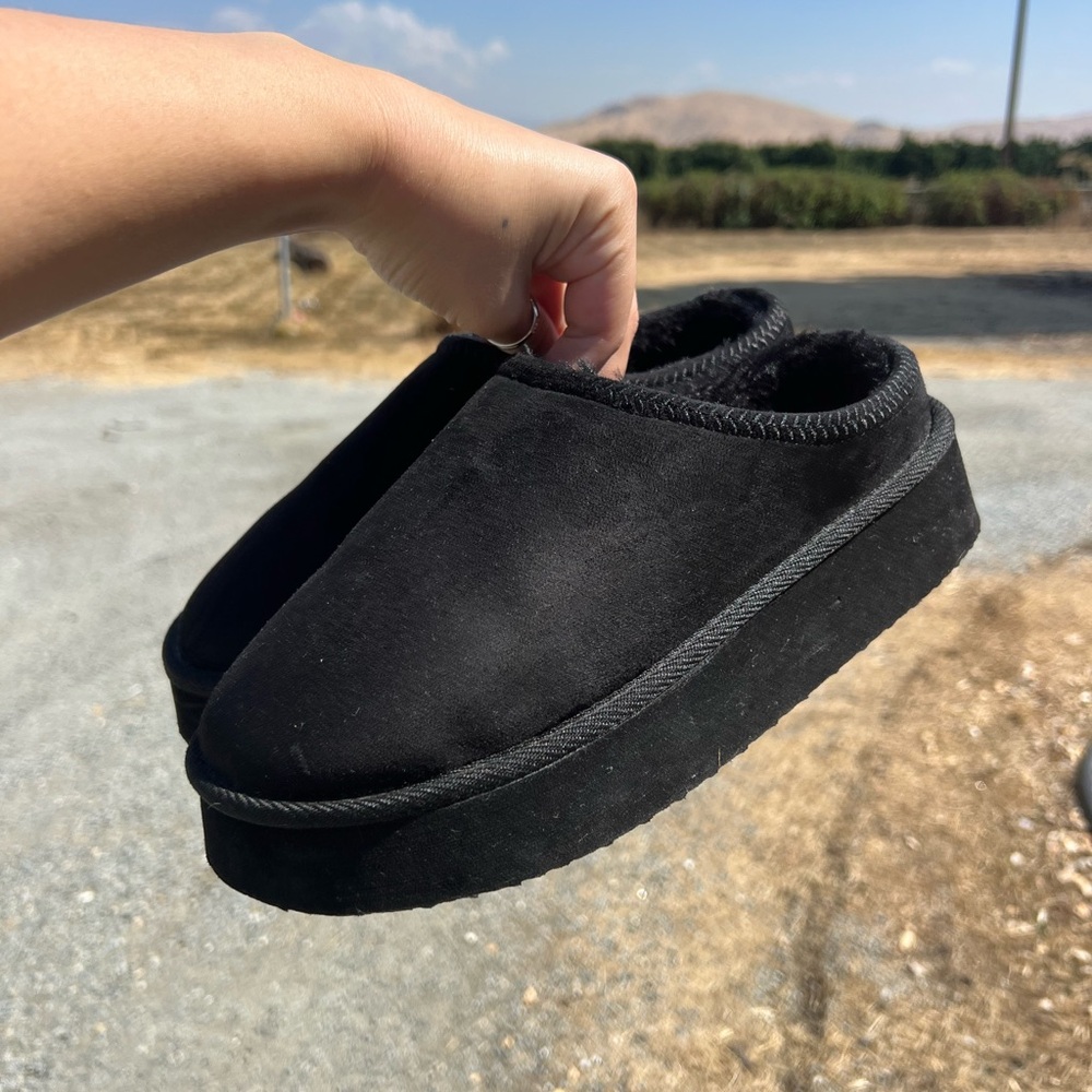 Black Suede Platform Slippers
